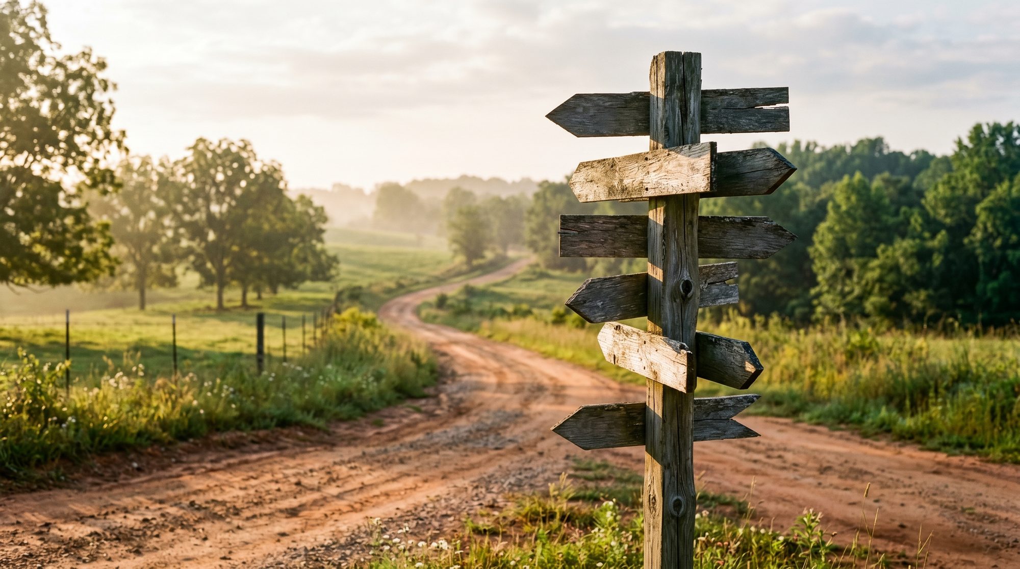 Weathered wooden signpost with seven arrows at a rural Georgia crossroads at sunrise, representing the seven ways to pay for long-term care