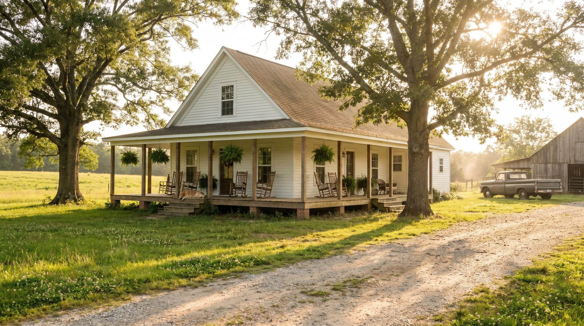 Modest white farmhouse with a wraparound porch in rural Georgia at golden hour, representing a family home protected during long-term care planning